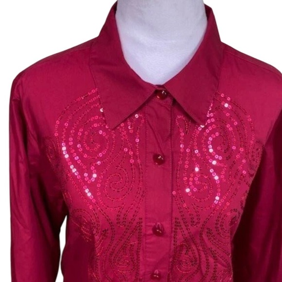 New Mackie Wearable Art Sequin Embellished Button Down Shirt Red Christmas Med. - Picture 2 of 8